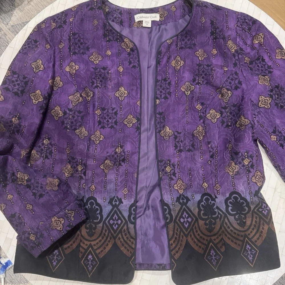 Vintage Coldwater Creek Women's Size 10 Med Purple Floral Cotton Open Jacket‎